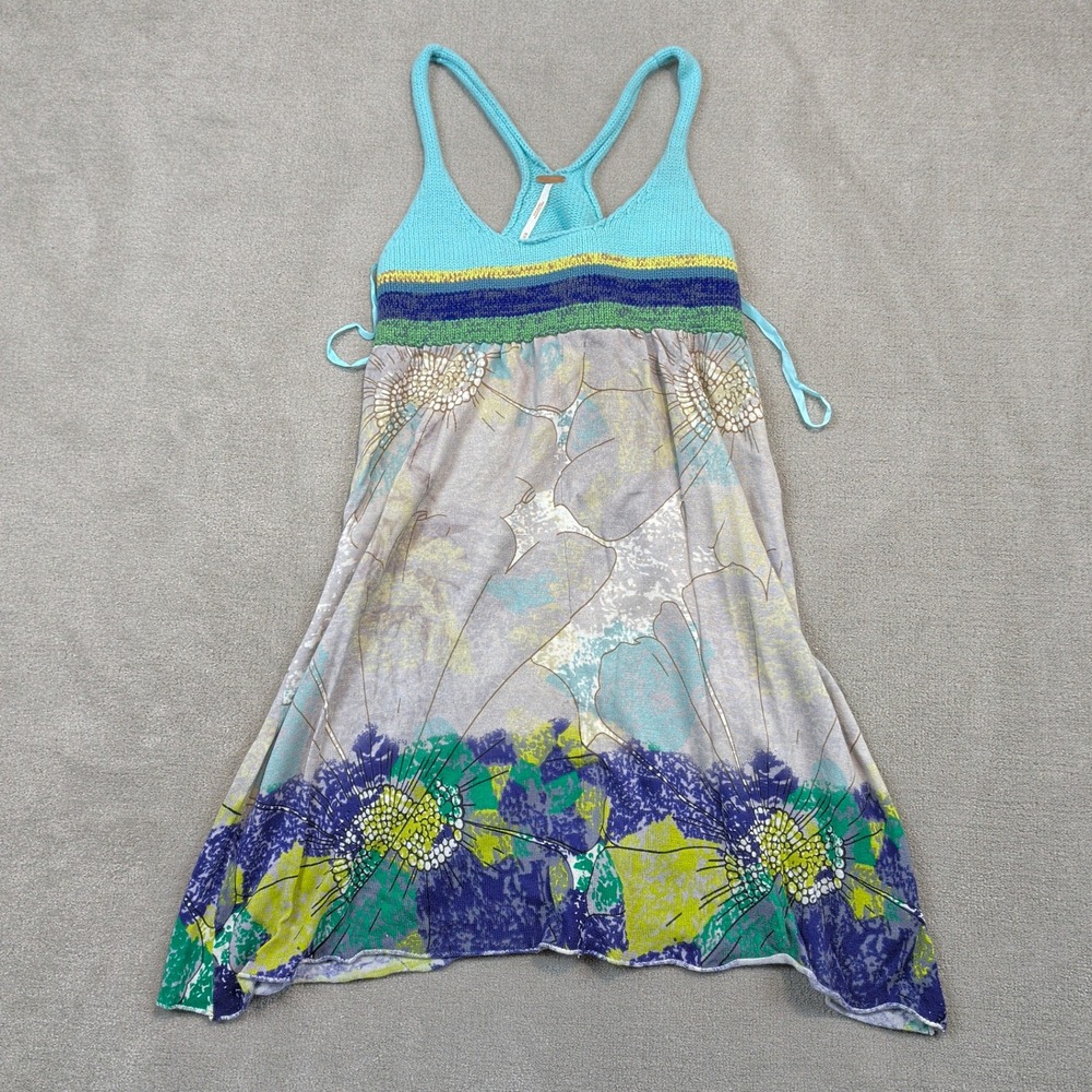 Free People Tank Dress Womens XS Turquoise Multi Floral Knit Mixed Media Boho